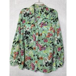 Kim Rogers Plus Top Blouse 2X Green Floral Polyester Tab Sleeves Lightweight